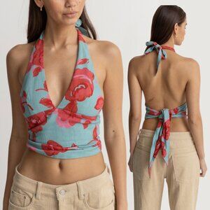 Rhythm Inferna Floral Linen Halter Top - Blue / Pink / Red - Size Medium